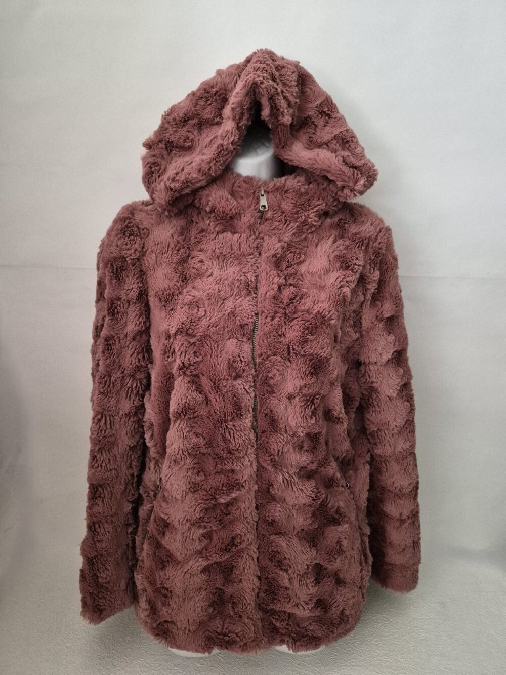 Forever 21 Women M Plum Purple Pink Mauve Faux Fur Full Zip Hooded Jacket Pocket